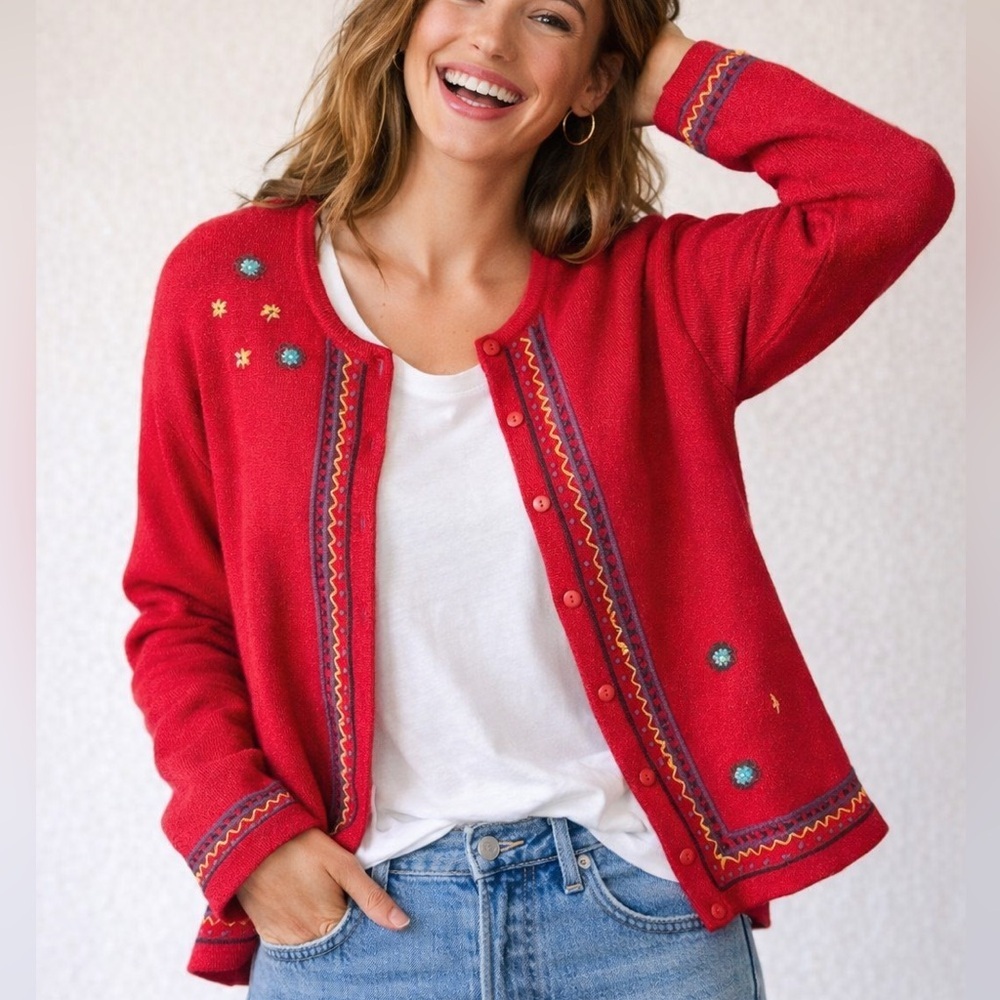 Chicos 3 Size XL Red Button Up Cardigan Floral Geo Embroidery Casual NWT
